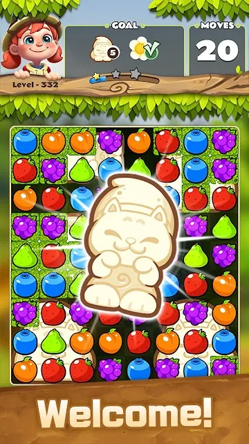 A fruit board with the goal panel and twenty moves shown above the grid