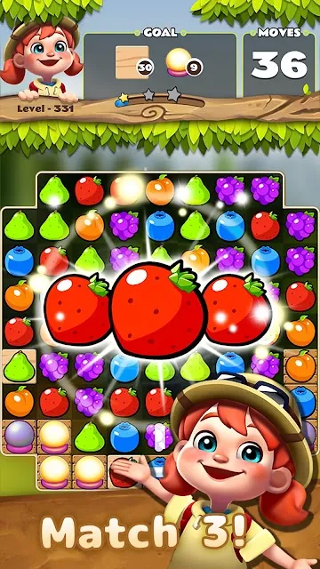 Three tomatoes lining up on a fruit grid with thirty-six moves remaining
